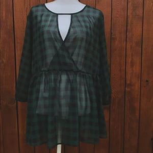 Torrid Sheer Black & Green Checkered Keyhole Top